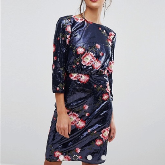 TFNC Sequin Dress W/ Floral Embroidery & Cowl Back - Picture 2 of 7